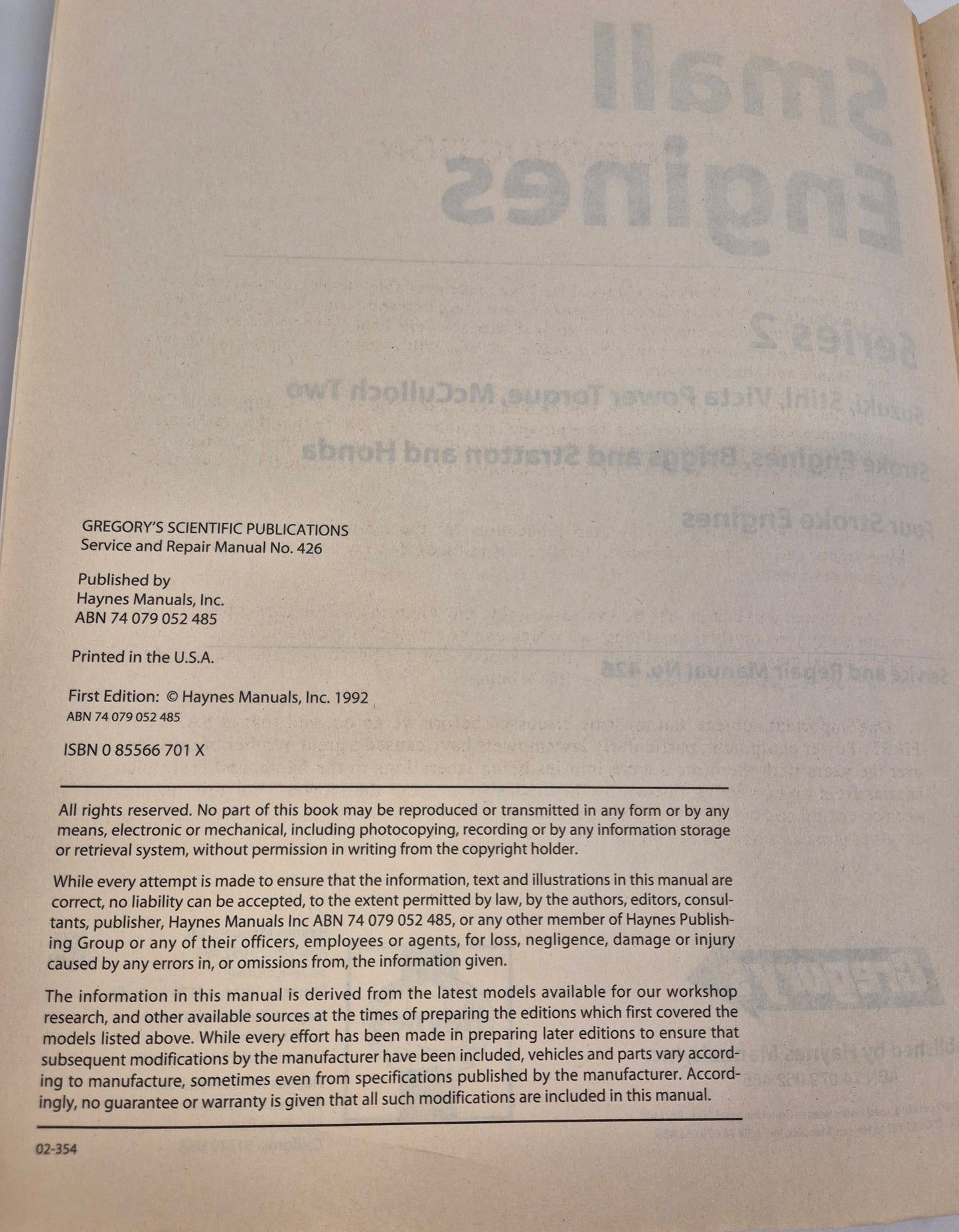 Small Engines Service and Repair Manual Series 2 - Gregory's No. 426
